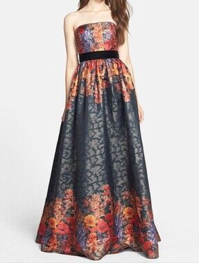 Adrianna Papell Floral Metallic Jacquard Strapless Ball Gown Romantic Formal 2